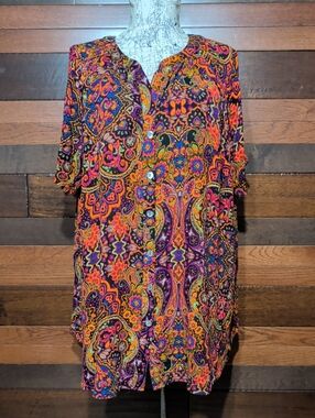 No Brand Tag Vibrant Paisley Button-Up Tunic in Orange, Purple & Pink